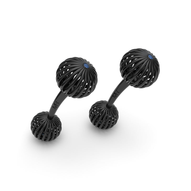 Round Sphere Ballon Blue Sapphire Cufflinks, 18K Black Gold DLC