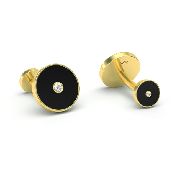 Onyx and Diamonds Round Bezel Cufflinks, 18K Yellow Gold