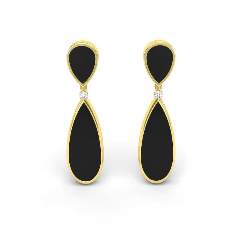 Black Agate and Diamond Teardrop Earrings, 18K Gold