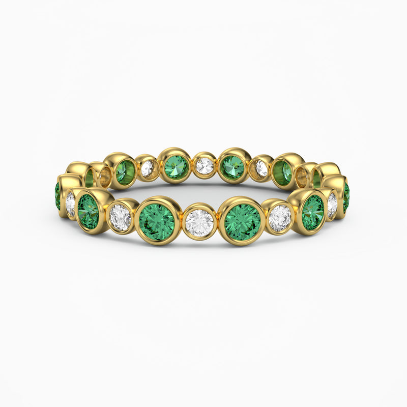 Emerald and Diamond Bezel Set Eternity Ring, 18K Yellow Gold