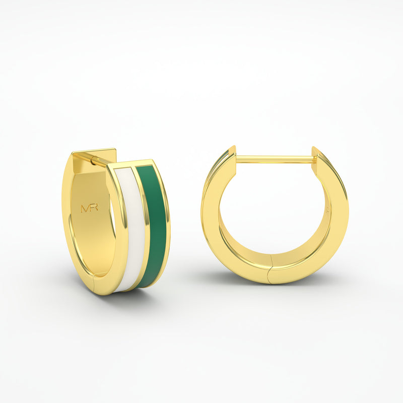  White and green enamel double band earrings in yellow gold