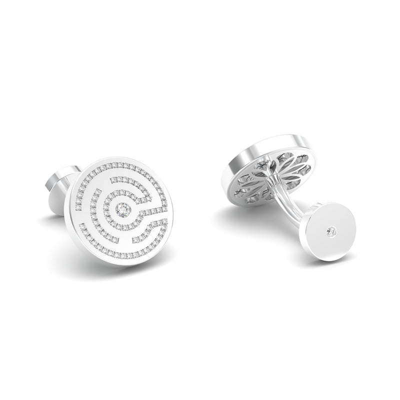 Labyrinth Diamonds Round Cufflinks, 18K White Gold or Platinum