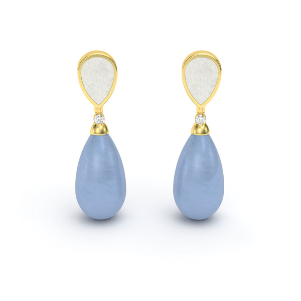 Mother of Pearl, Blue Agate, Diamond Teardrop Earrings, 18K Gold