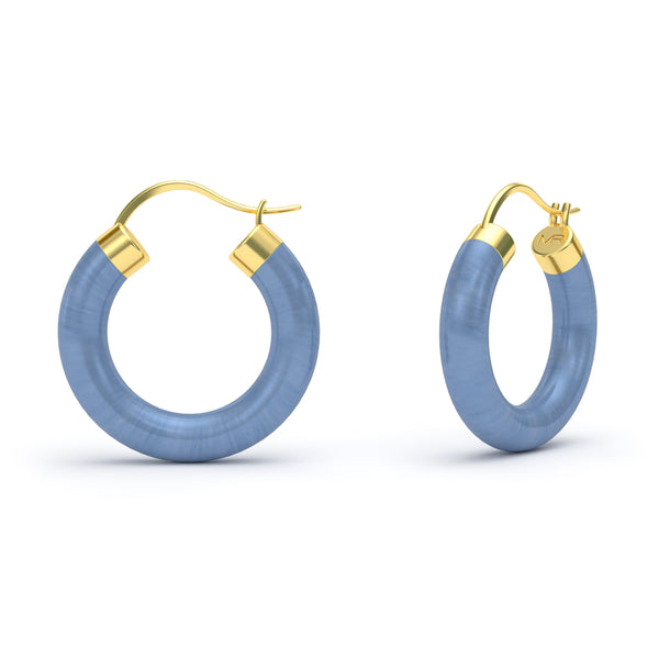 Blue Lace Agate Hoop Earrings, 18K Yellow Gold