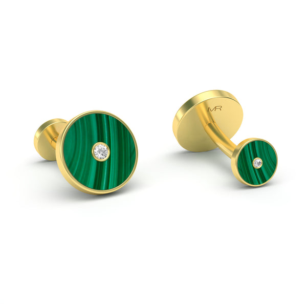 Malachite and Diamonds Round Bezel Cufflinks, 18K Yellow Gold