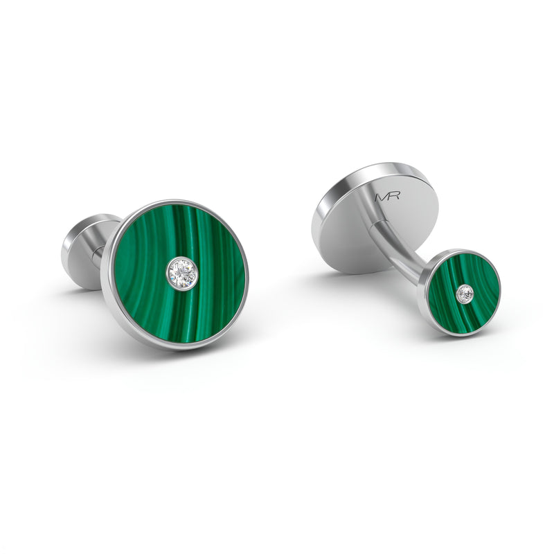 Malachite and Diamonds Round Cufflinks, 18K White Gold