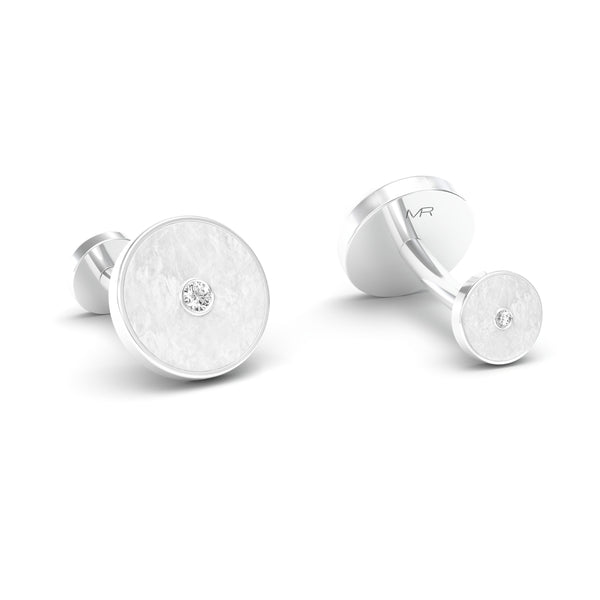 Mother of Pearl and Diamonds Round Cufflinks, 18K White Gold