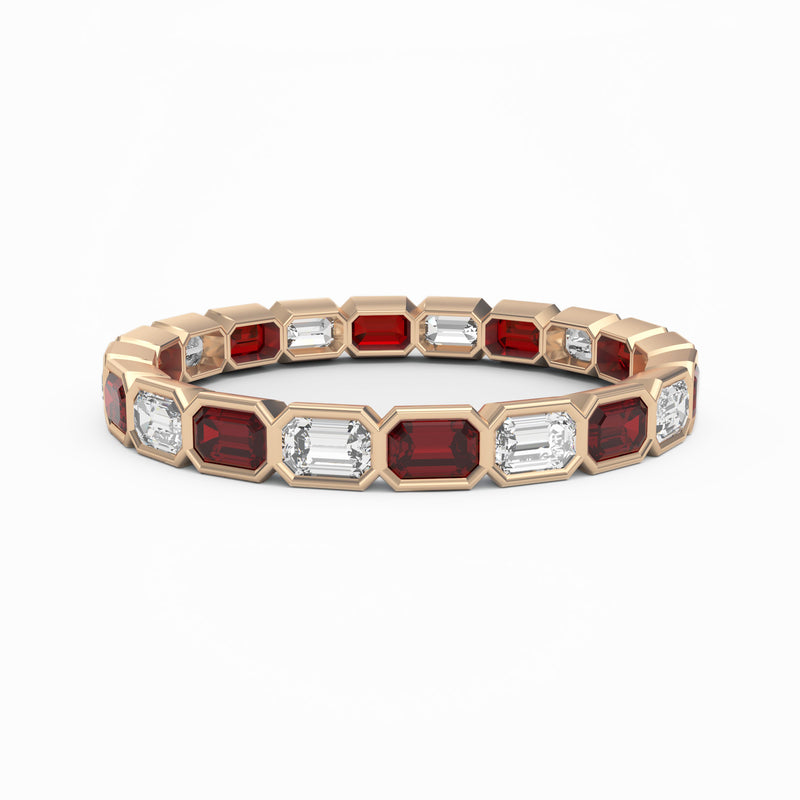 Ruby and White Sapphire Bezel Set Eternity Ring, 18K Rose Gold