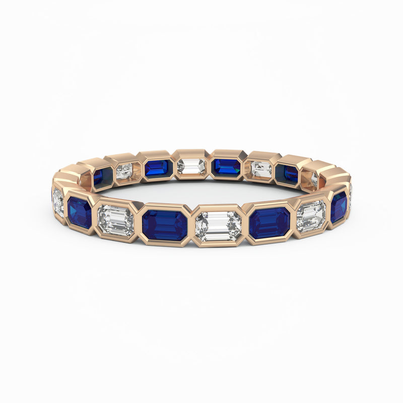 Blue and White Sapphire Bezel Set Eternity Ring, 18K Rose Gold