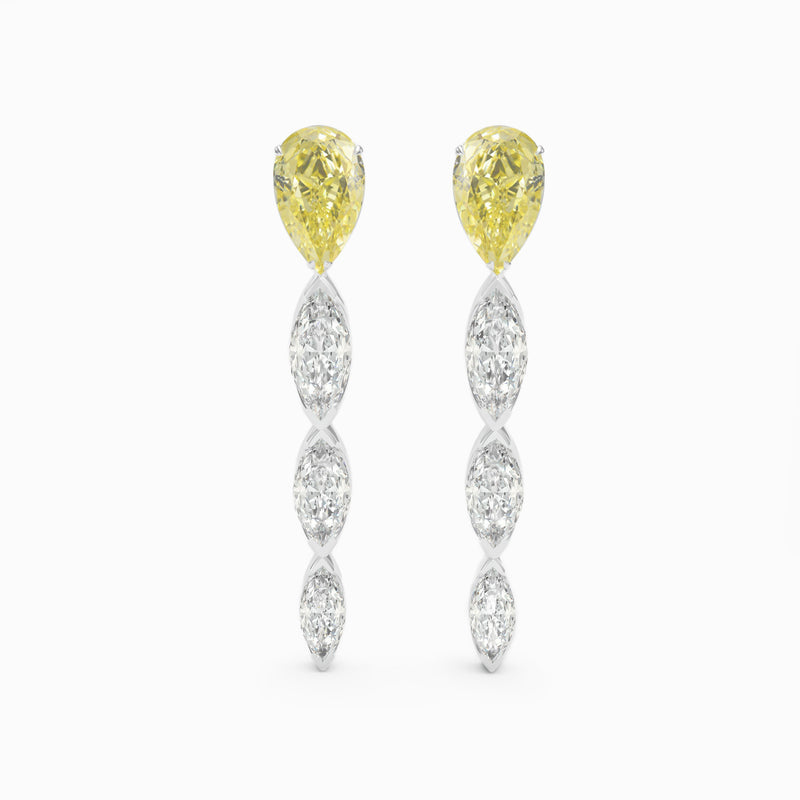 pear yellow diamond and marquise drop dangle earrings in platinum