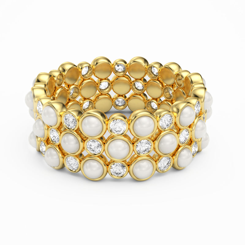 Diamond and Pearl Triple Row Bezel Set Eternity Ring, 18K YellowGold