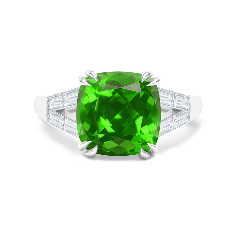 Cushion peridot and diamond engagement white gold ring