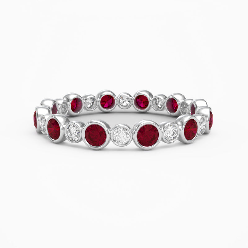 Ruby and Diamond Bezel Set Eternity Ring, 18K White Gold or Platinum