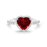 Heart shape ruby and diamonds halo ring in white gold