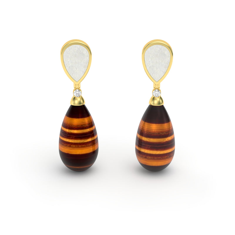 Mother of Pearl, Tiger Eye, Diamond Teardrop Earrings, 18K Gold