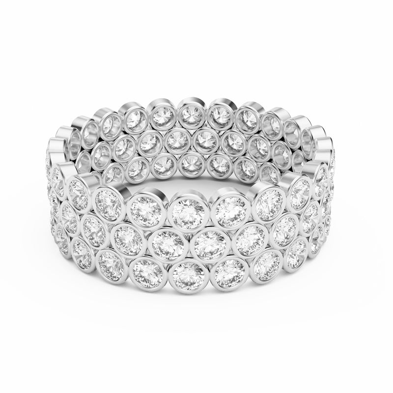 Round Diamond Triple Row Bezel Set Eternity Ring, 18K White Gold or Platinum