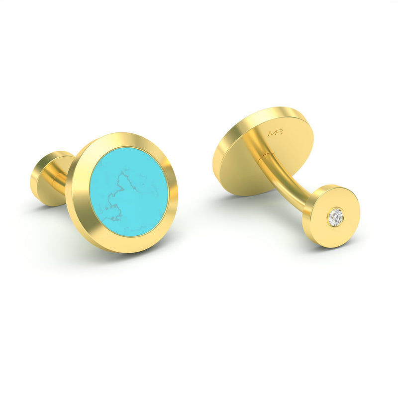 Turquoise and Diamonds Round Bezel Cufflinks, 18K Yellow Gold