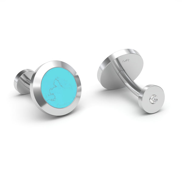 Turquoise and Diamonds Round Bezel Cufflinks, 18K White Gold