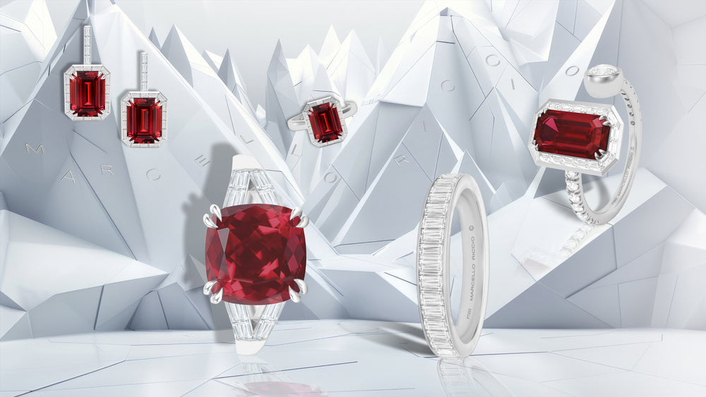 marcello Riccio coloured gemstones 
with ruby and diamond set in platinum