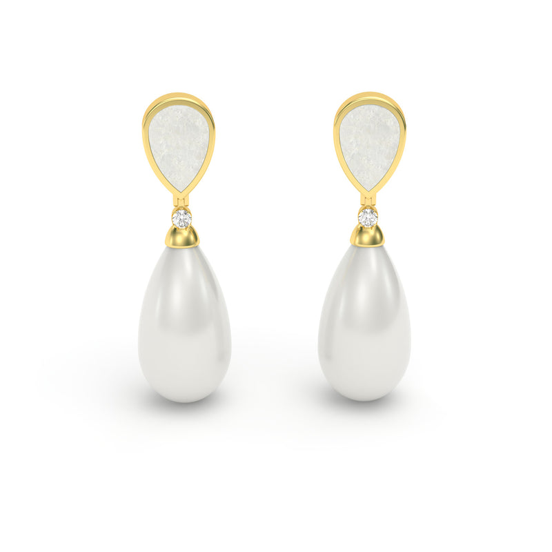 Mother of Pearl, White Agate, Diamond Teardrop Earrings, 18K Gold